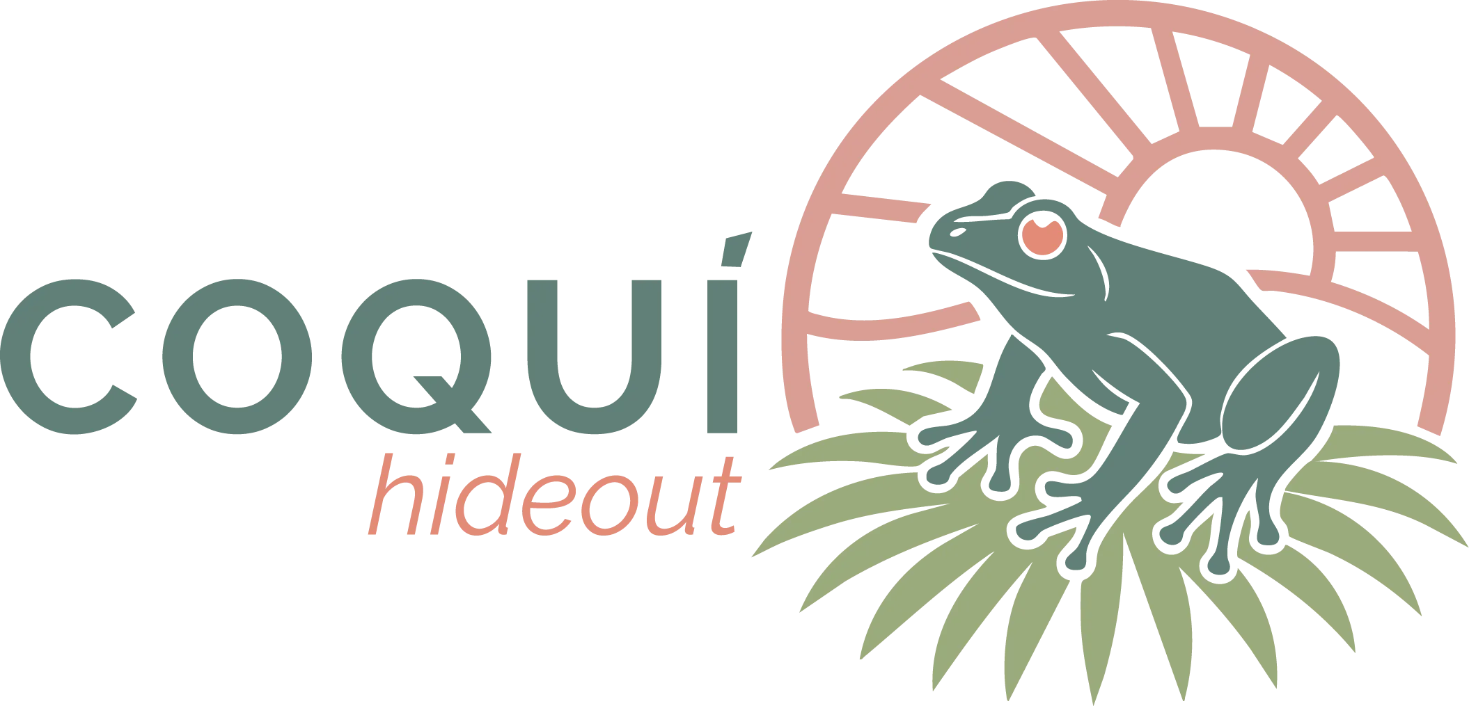 Horizontal logo design for Coquí Hideaway by Visible PR, featuring coquí frog, tropical leaves, and rising sun in terracotta and green palette