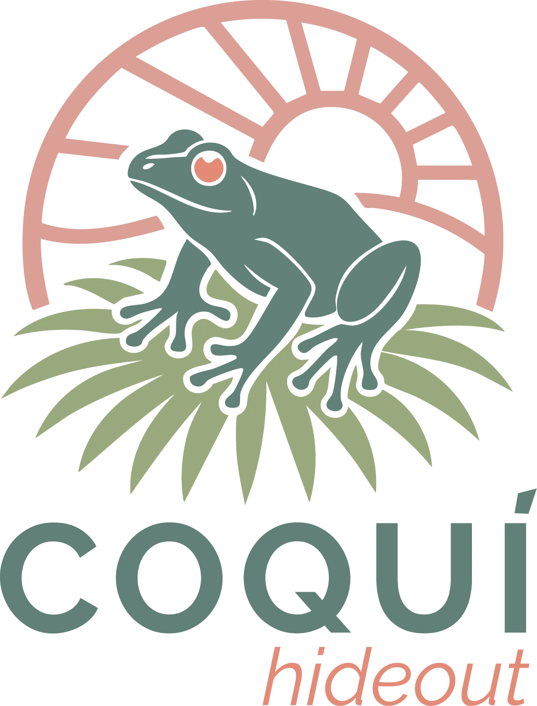 Horizontal logo design for Coquí Hideaway by Visible PR, featuring coquí frog, tropical leaves, and rising sun in terracotta and green palette.