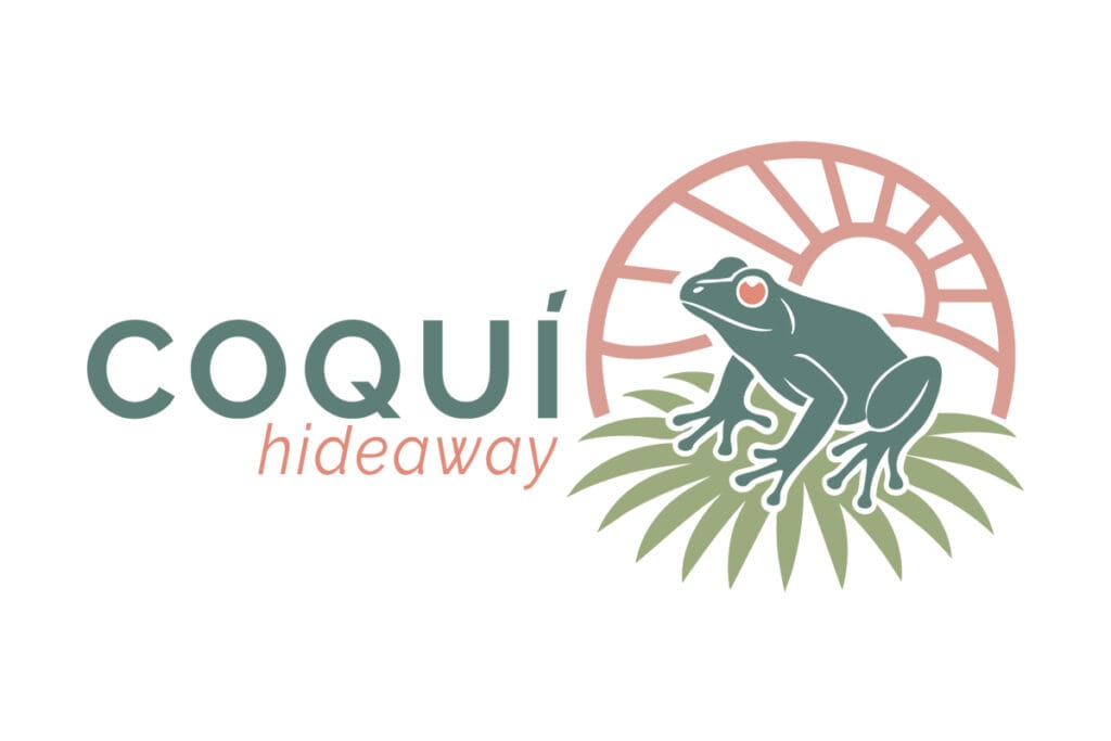Horizontal logo design for Coquí Hideaway by Visible PR, featuring coquí frog, tropical leaves, and rising sun in terracotta and green palette