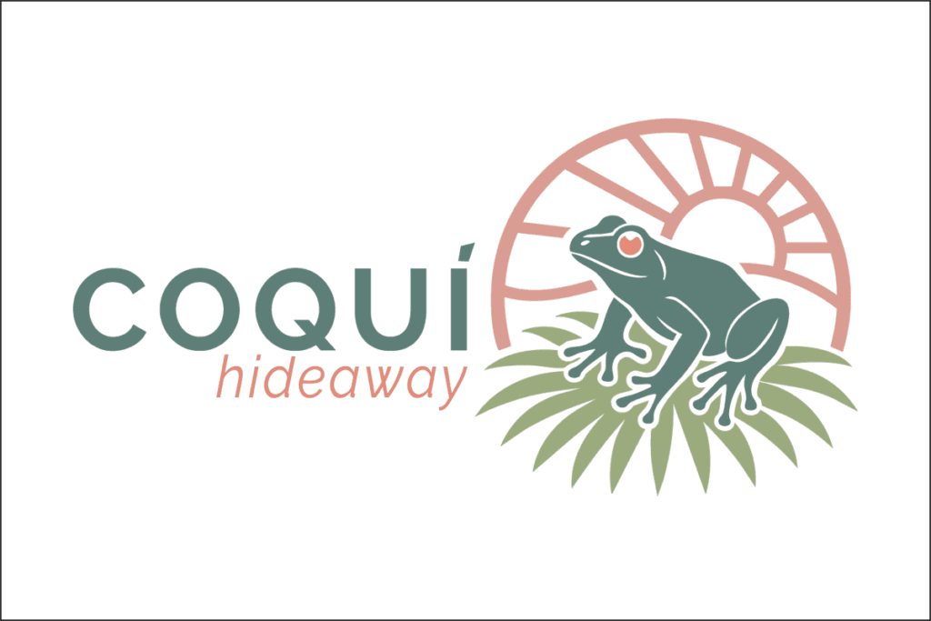 Horizontal logo design for Coquí Hideaway by Visible PR, featuring coquí frog, tropical leaves, and rising sun in terracotta and green palette