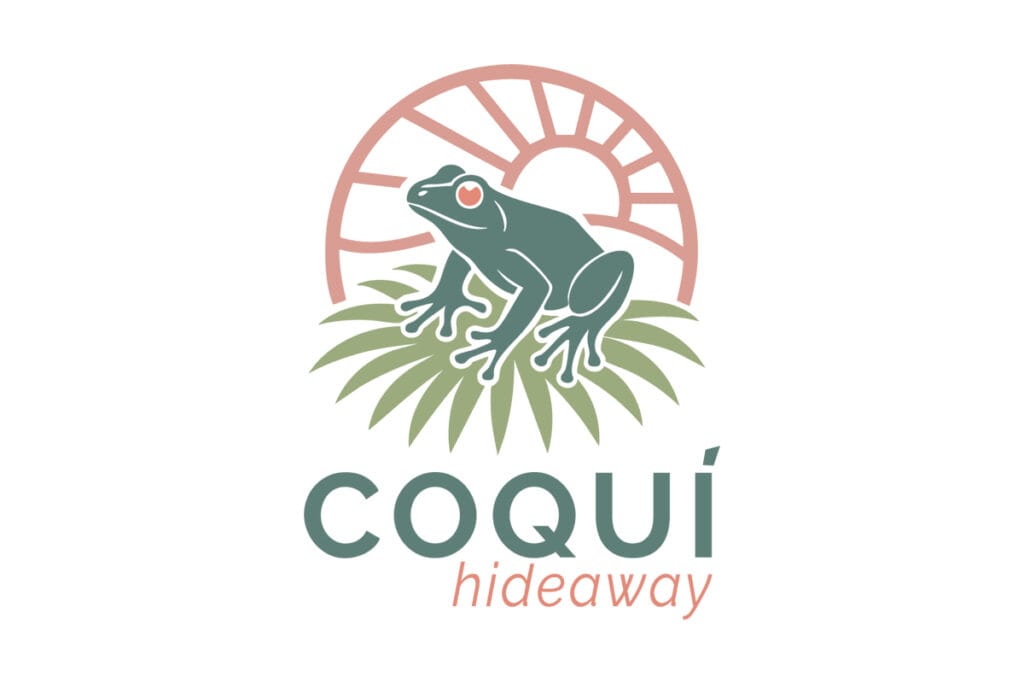 Stacked vertical logo design for Coquí Hideaway by Visible PR, coquí frog with tropical leaves and sun above text