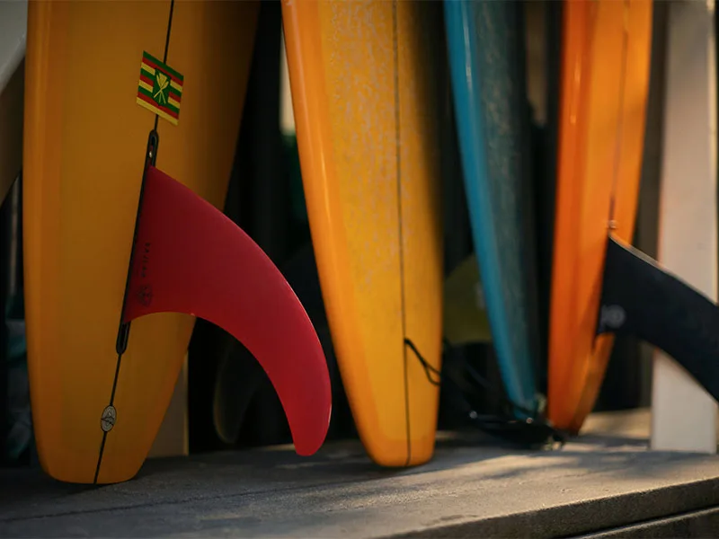Colorful surfboards lined up, ready for ocean adventures near Coquí Hideaway in Aguadilla, Puerto Rico